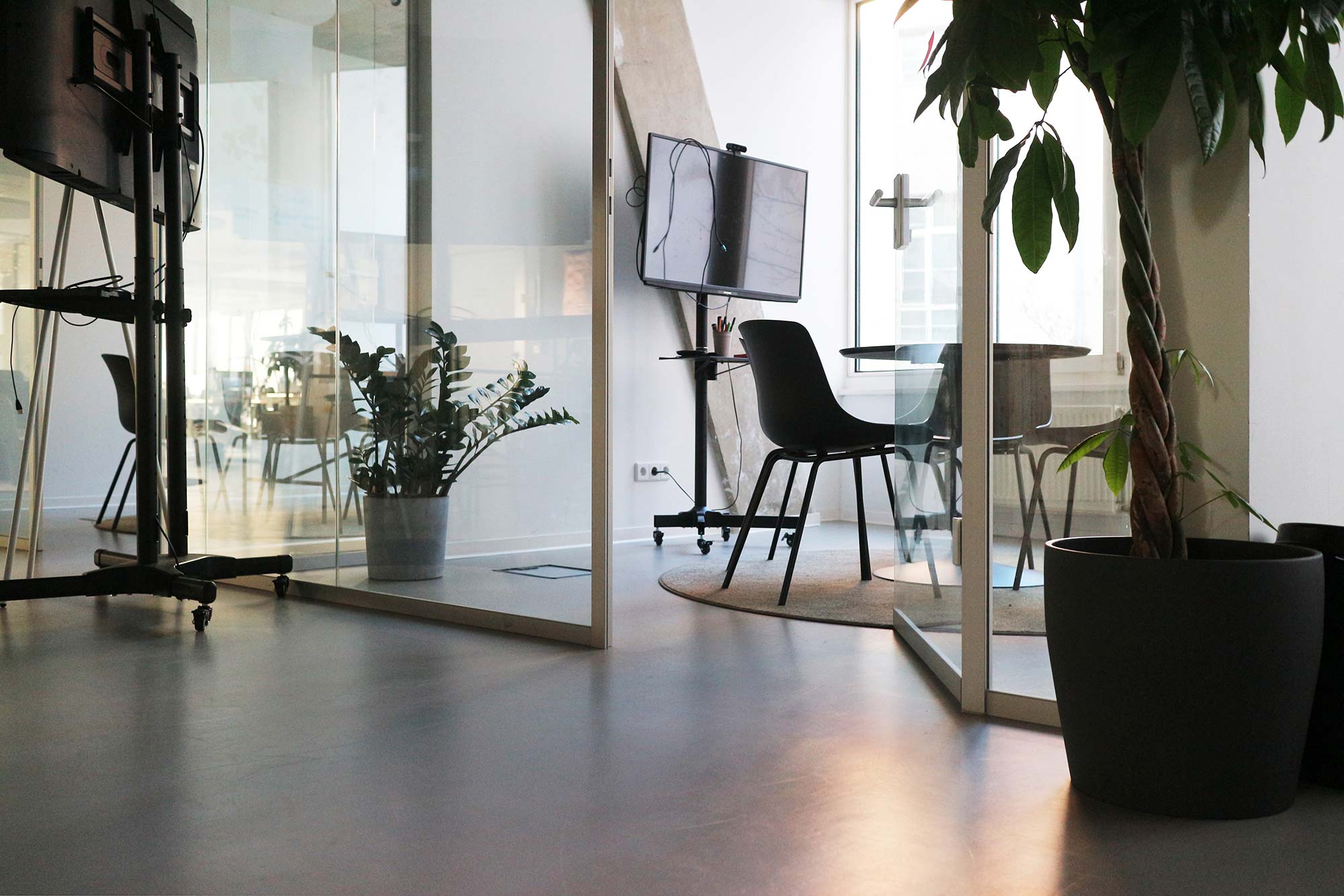 A meeting room in the DigitalService office equipped with a round table, three chairs, and a flat-screen TV on casters; there is a grey carpet on the floor under the table and chairs; the room has two concrete side walls and a glass wall; there is a large houseplant on the right edge of the picture, and another flat-screen TV on casters on the left edge