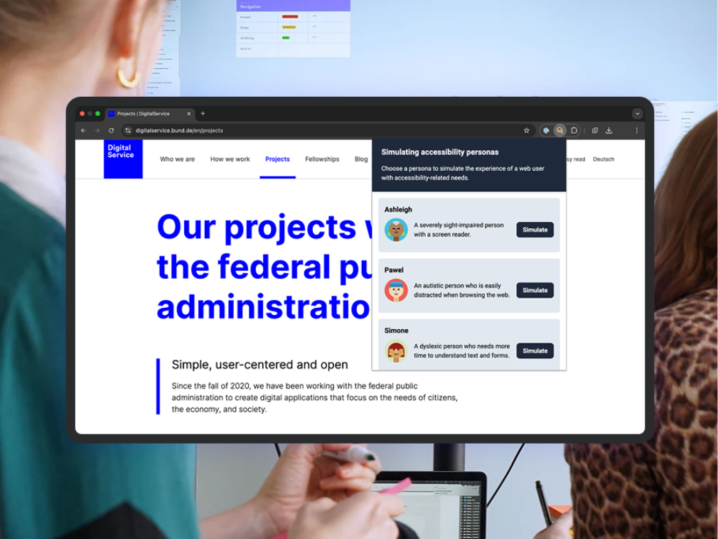 Open browser window with the extension for simulating accessibility personas switched on; the DigitalService office can be seen in the background as a visual stylistic device