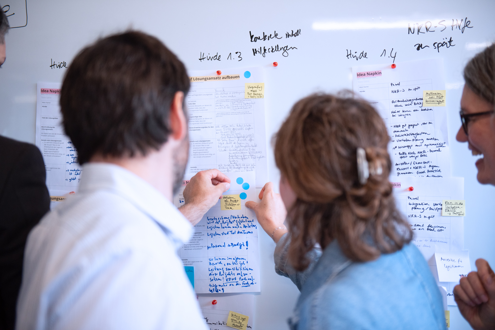 Several pages of printouts and notes are attached to a whiteboard. Three people stand in front of it and mark what they think is the most important content with colored sticky dots.