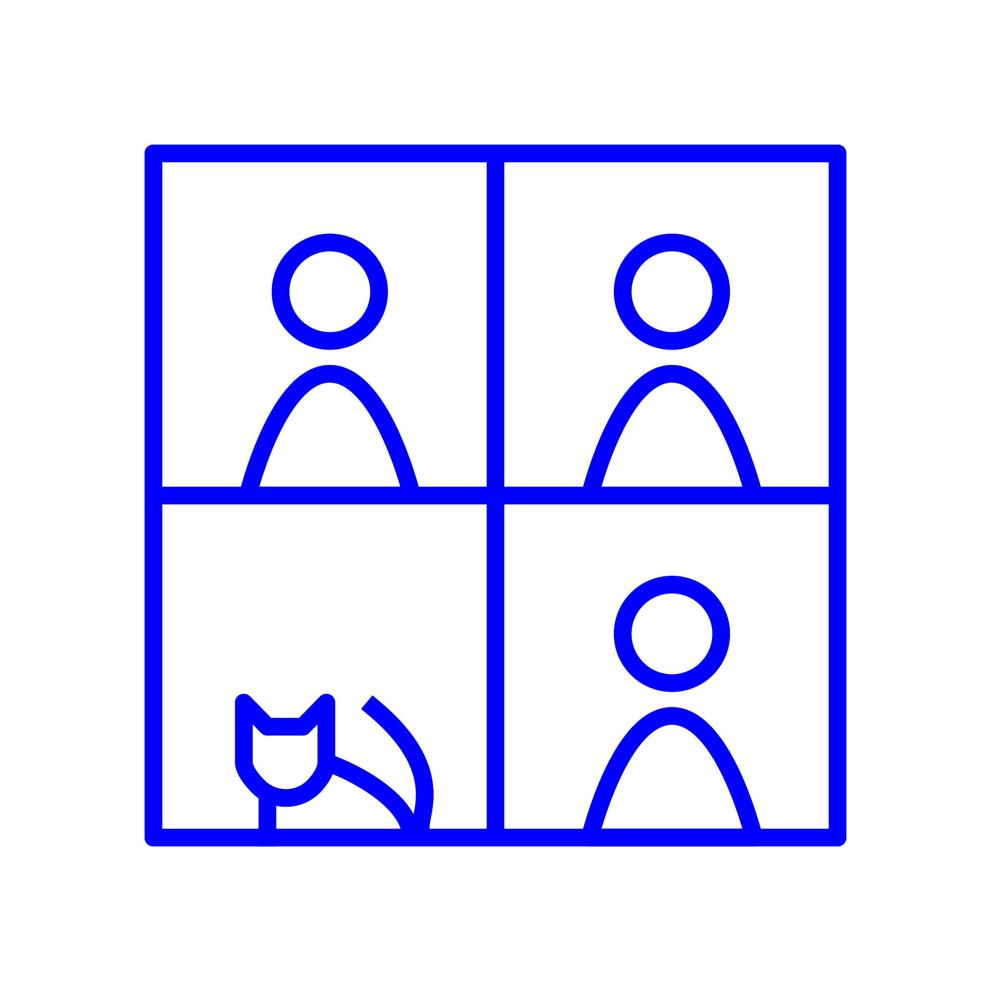 Abstrakte grafische Darstellung eines Bildschirms mit vier Kacheln als Symbol für eine Online-Sprechstunde; in drei von vier Kachel sind Menschen zu sehen, in der anderen befindet sich eine Katze