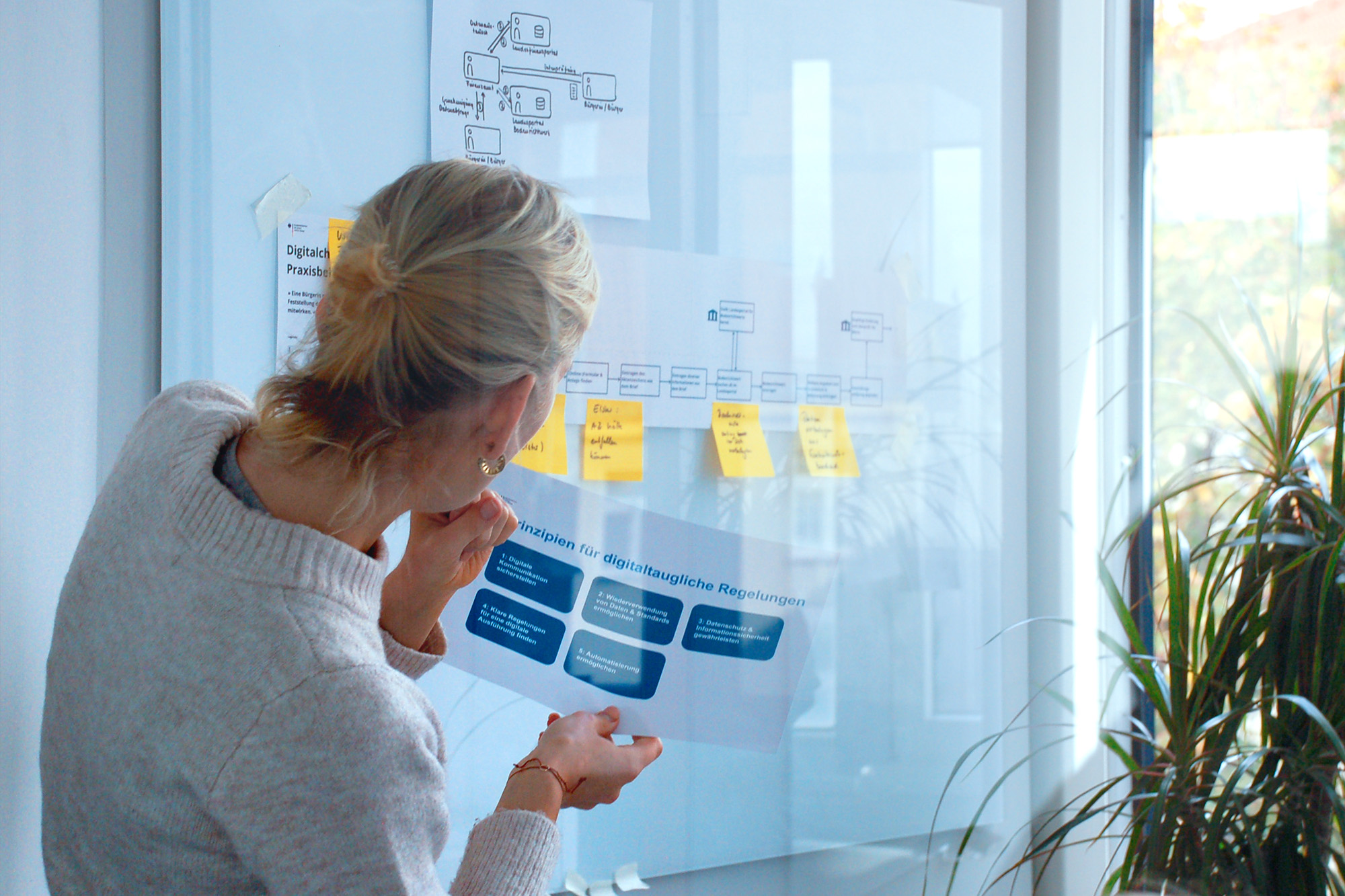 A person holds a piece of paper with an overview in their hand. In the background, several sheets of graphic visualizations can be seen on a wall.