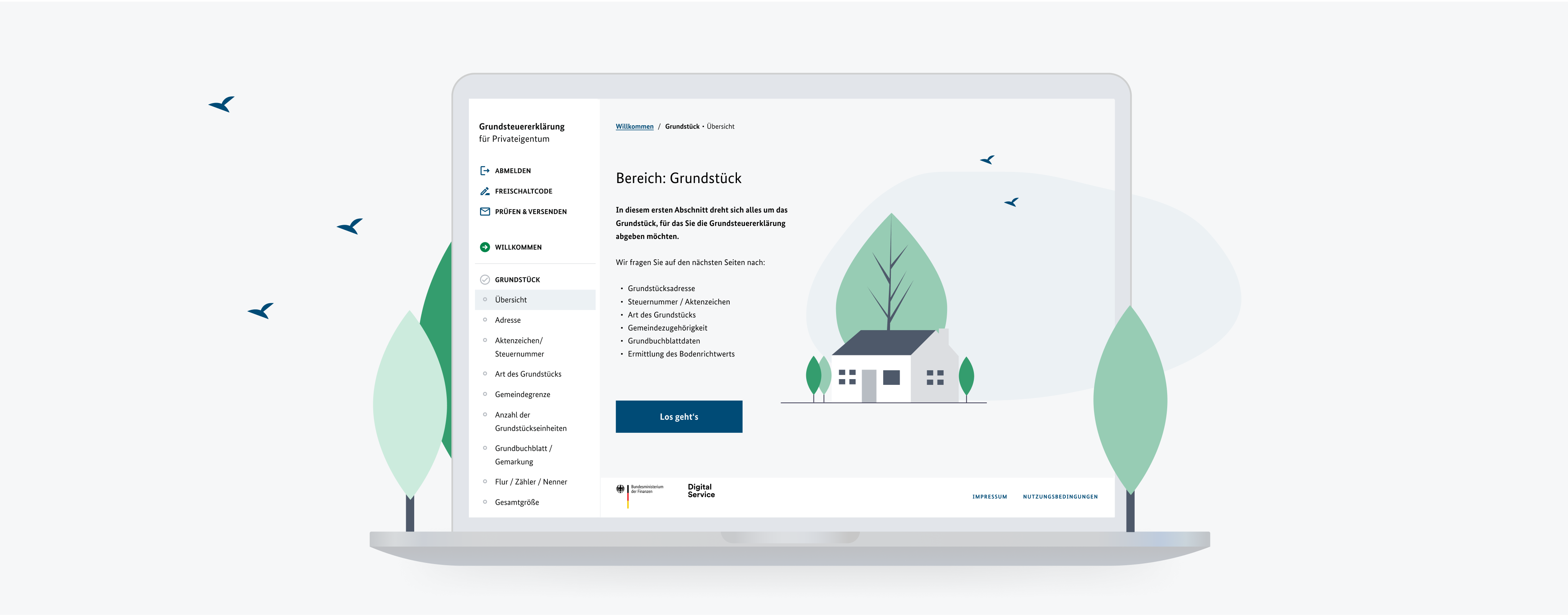 Illustration of an open laptop that has opened the website of the online service “Grundsteuererklärung für Privateigentum (Property Tax Return for Private Property)”.