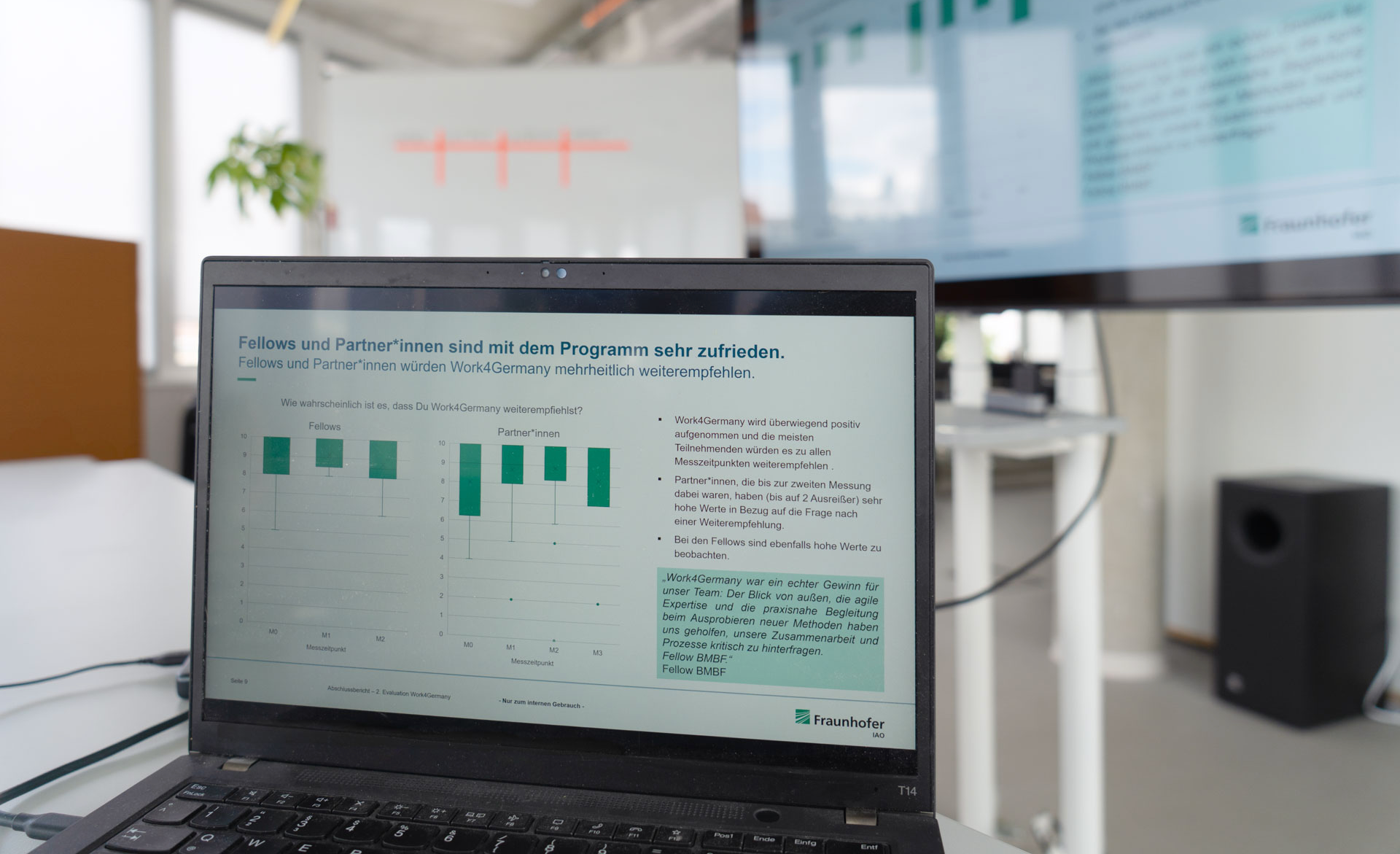 An open laptop stands on a desk, the screen reads: “Fellows and partners are very satisfied with the program.” In the background, a screen shows an enlarged version of the graphic.