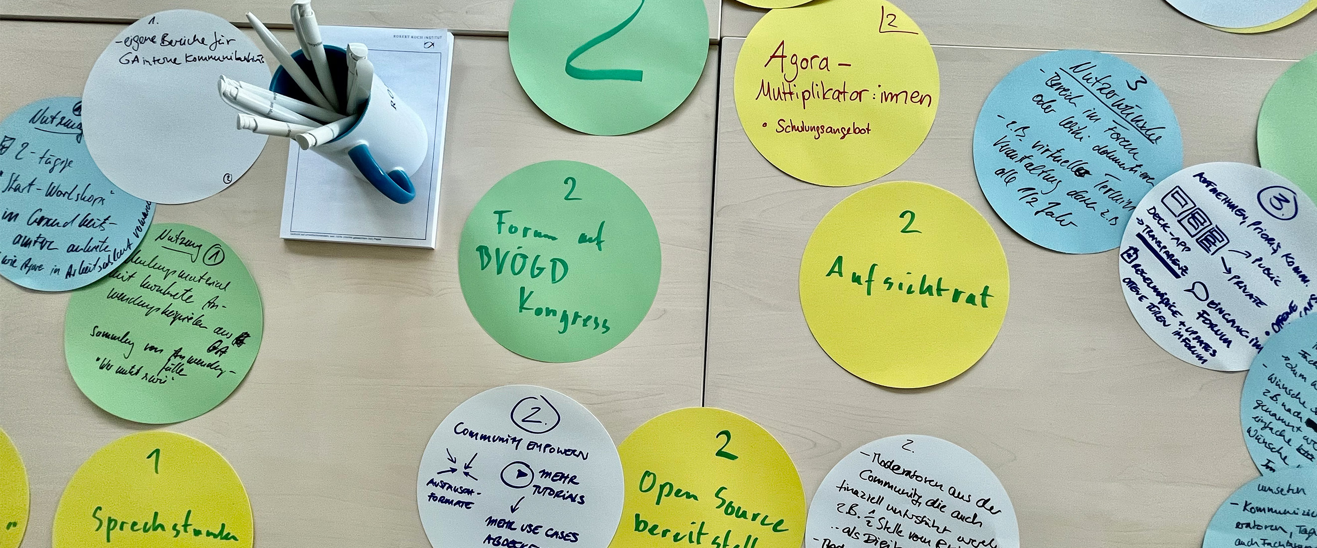 The image shows colorful round paper slips with ideas for platform design