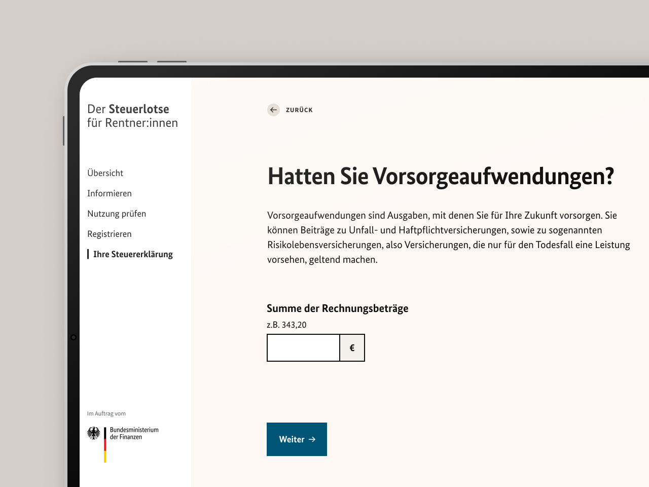 Mockup of Steuerlotse Online on screen
