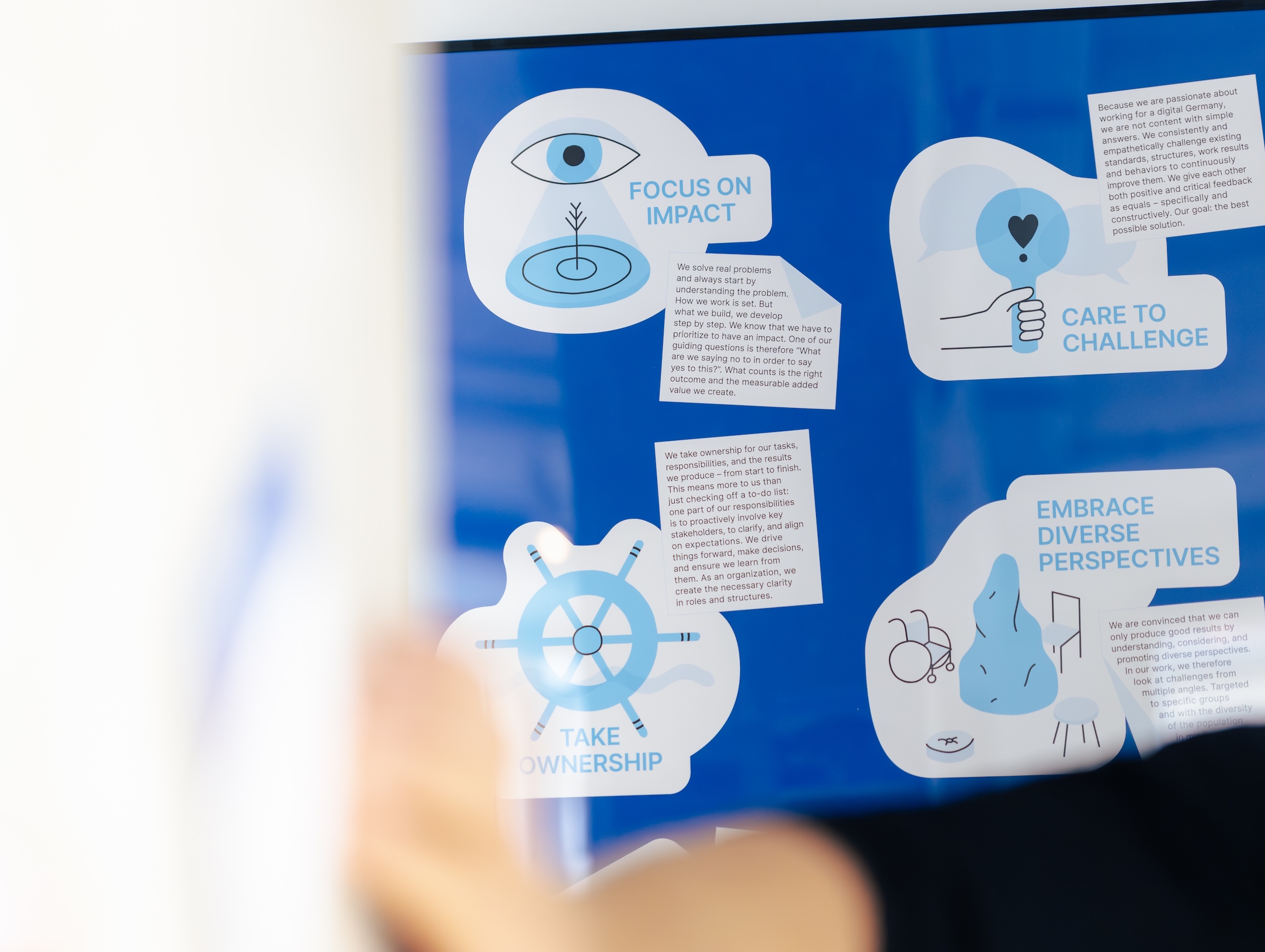 Ein blaues Poster mit weißen Textfeldern und Illustrationen, die die Werte des DigitalService darstellen. Darunter sind Begriffe wie „Focus on impact“ oder „Take ownership“ zu erkennen, begleitet von Symbolen wie einem Auge oder einem Steuerrad. Im Vordergrund ist eine unscharfe Hand zu sehen.