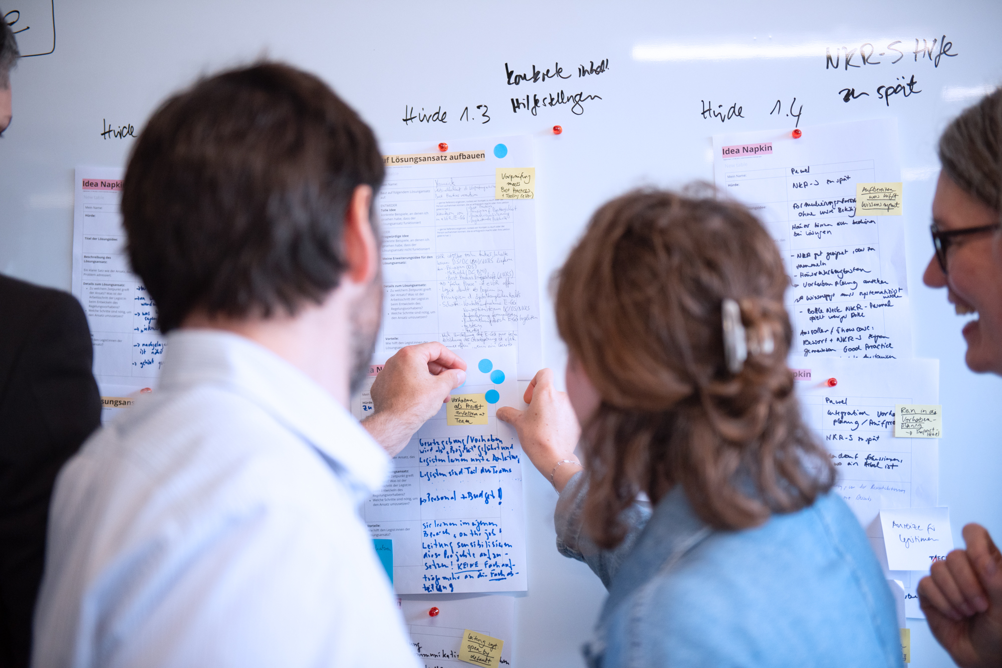 Mehrere Personen vor einem großen Whiteboard, an dem sie Klebepunkte an bereits vorhandenen Papieren und Post-its anbringen.