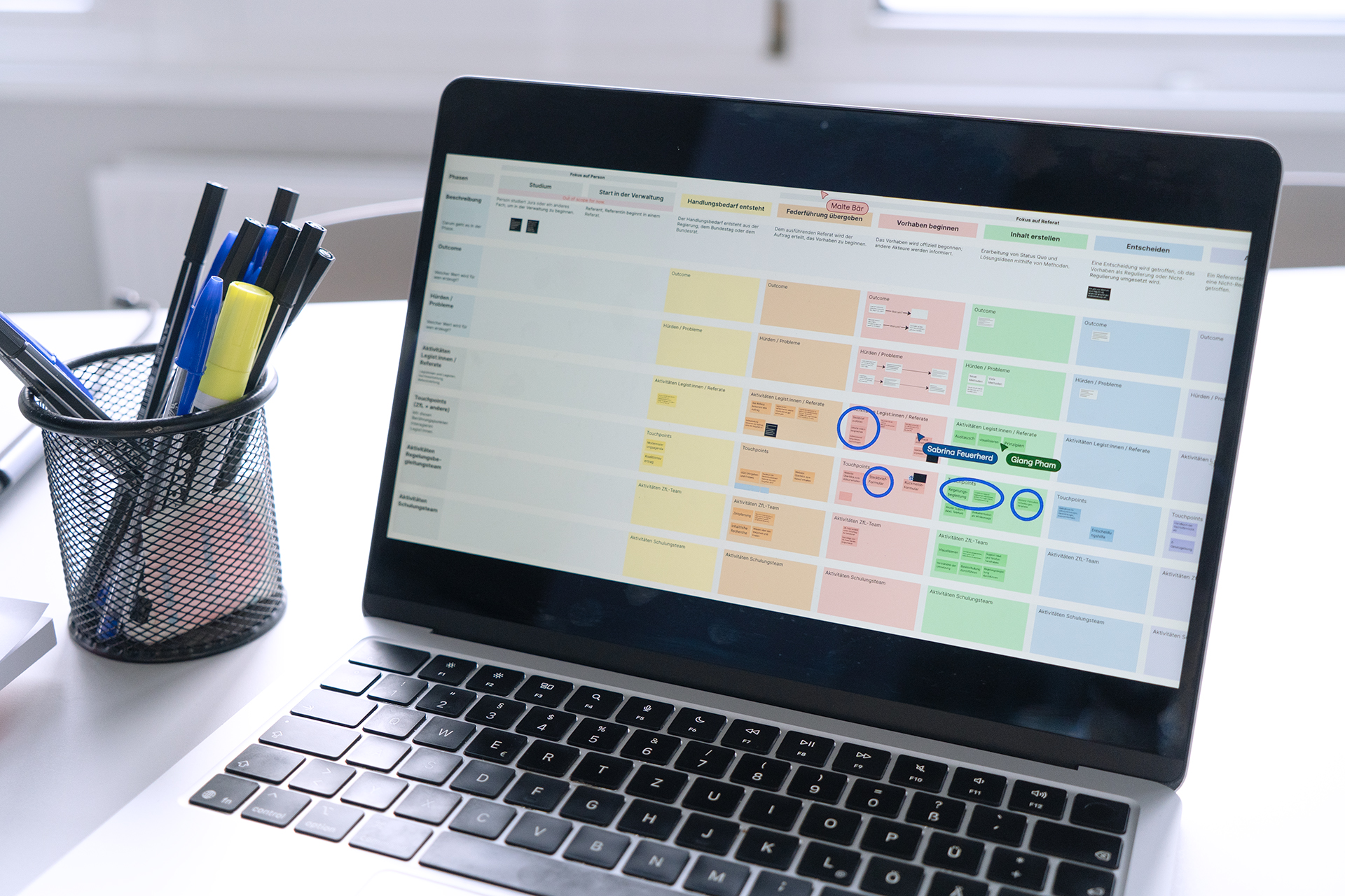 A laptop on a white desk displays a digital whiteboard featuring a colorful process matrix and sticky notes. On the left side of the image is a black pencil holder containing various pens and a yellow highlighter.