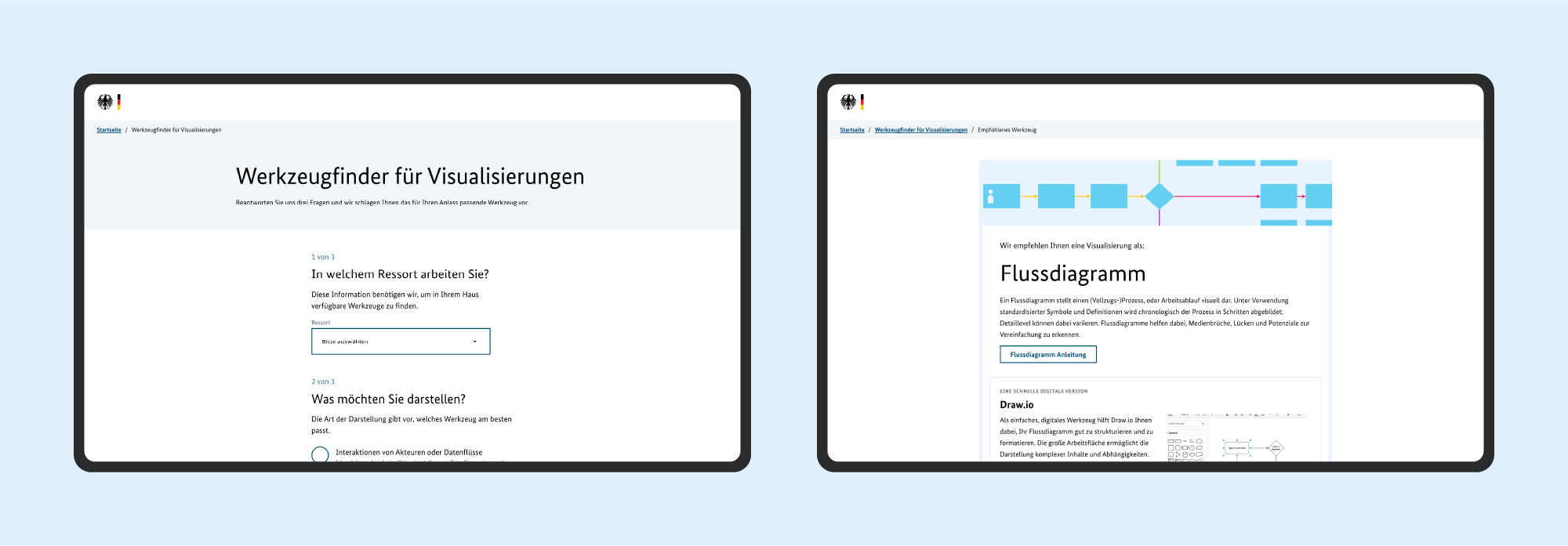 The user interface of the tool finder prototype is shown on two screens side by side