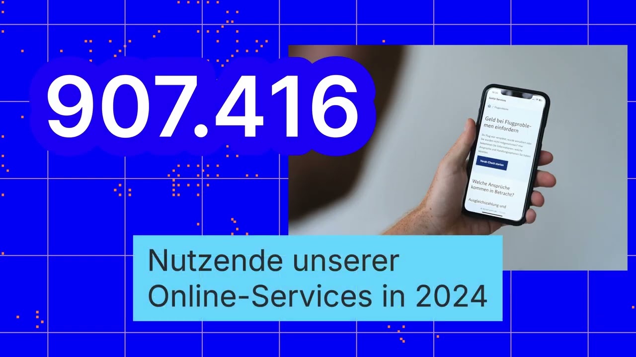 Eine digitale Grafik mit „907.416“ in weißer Schrift auf blauem Hintergrund. Eine Hand hält ein Smartphone mit einer Online-Service-Seite. Unten steht in einem hellblauen Kasten: „Nutzende unserer Online-Services in 2024.“