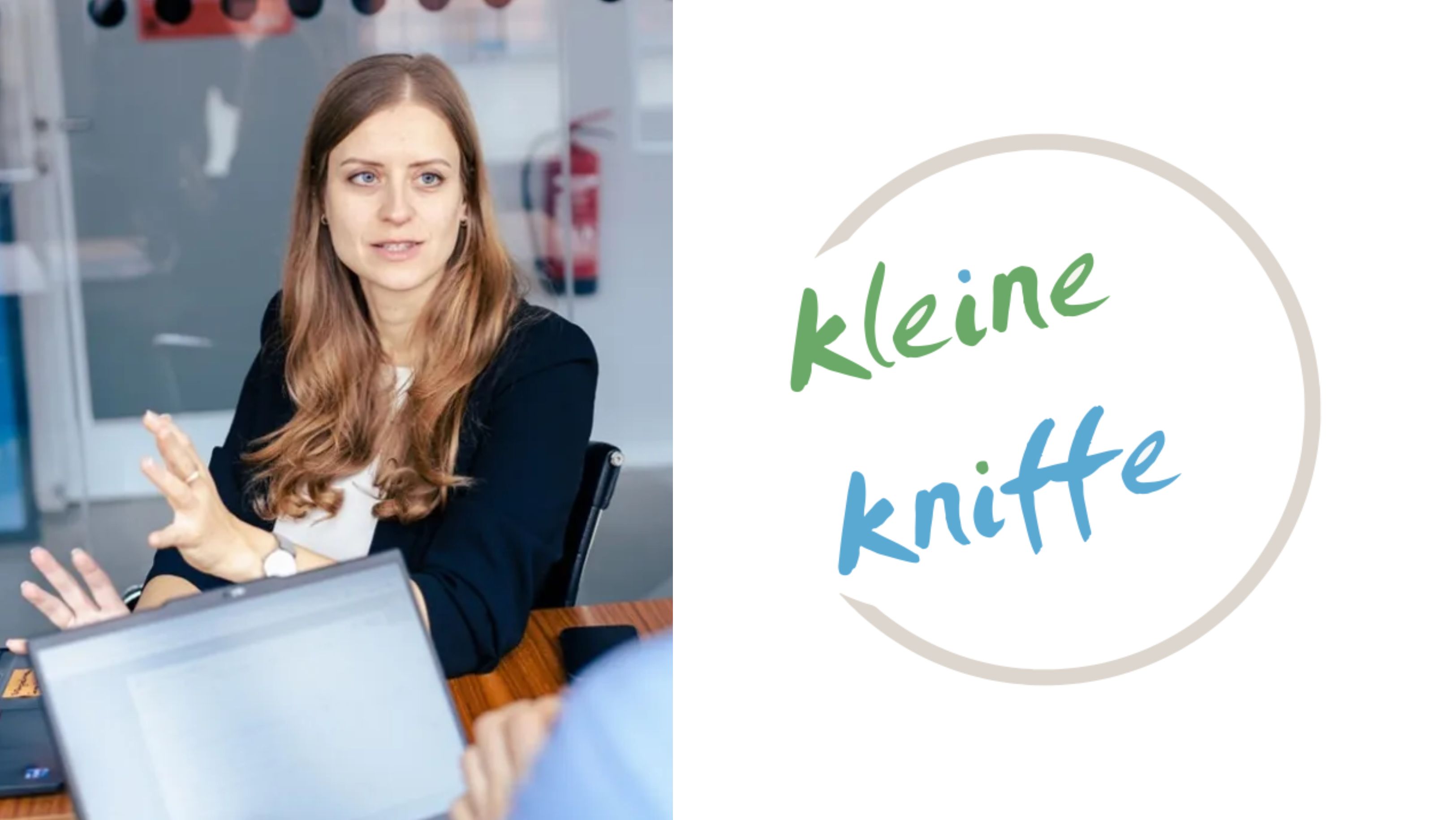 Visual with Christina Lang on the left and the logo of the magazine „Kleine Kniffe“ on the right