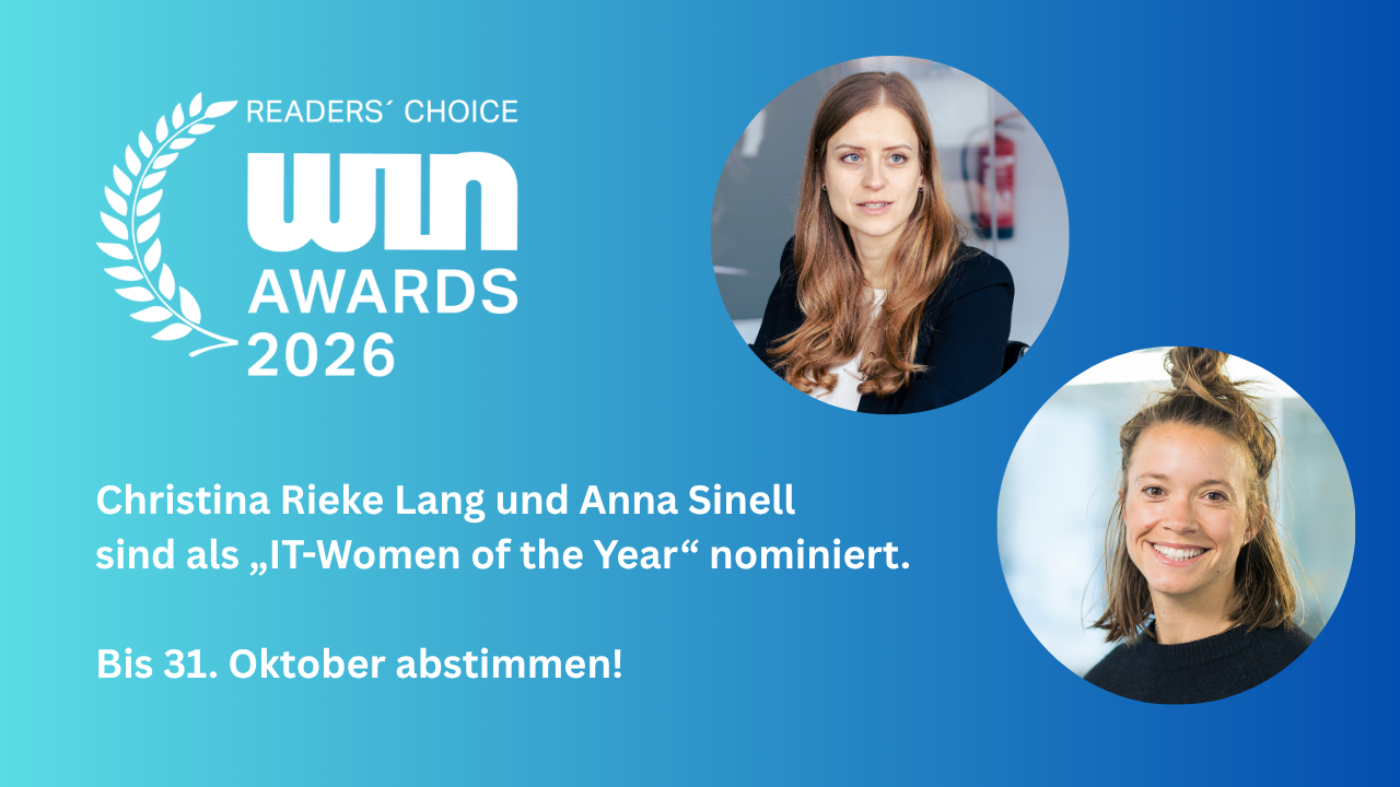 Die Grafik zeigt das Logo der Readers' Choice WIN-Awards 2026. Rechts davon sind die Porträts der nominierten Christina Rieke Lang und Anna Sinell. Links daneben und unter dem Logo der Aufruf, bis zum 31. Oktober abzustimmen.