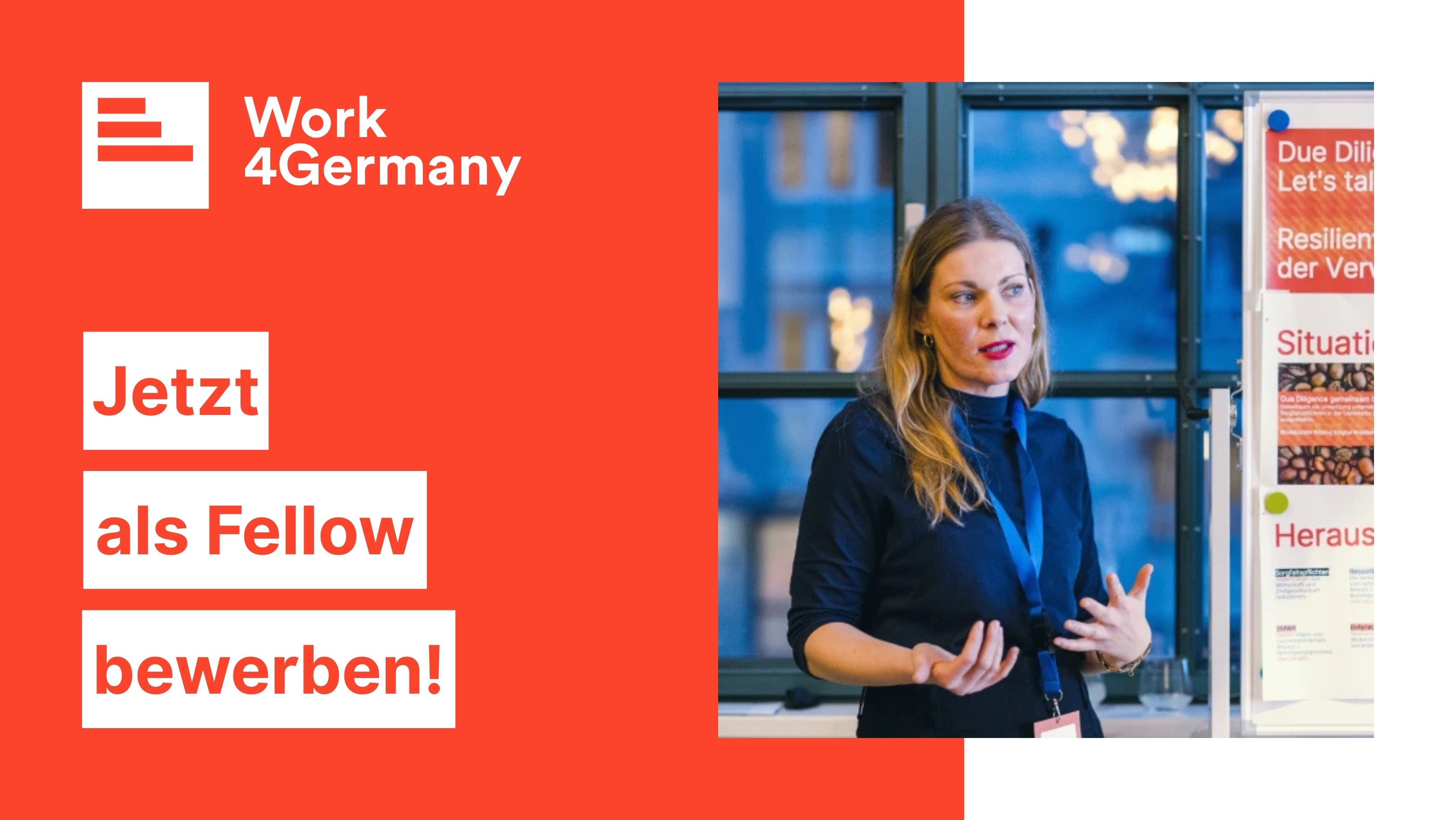 Visual mit einer Person die etwas präsentiert dem Titel „Jetzt als Fellow bewerben!“ und dem Work4Germany Logo