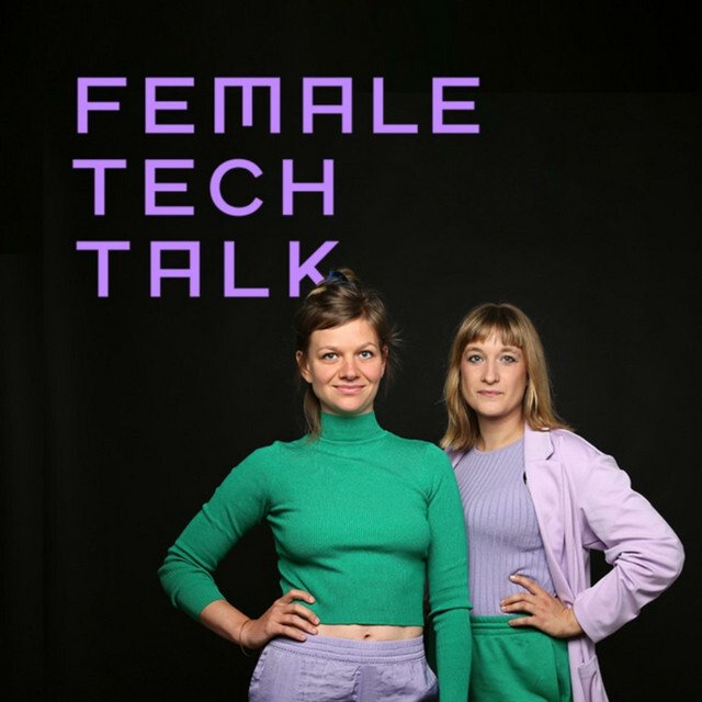Logo des Podcasts Female TechTak mit den beiden Moderatorinnen und dem Namen des Podcasts auf schwarzer Fläche