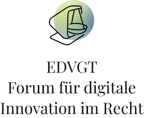 Ein Logo mit einer stilisierten Waage in einem Kreis, darunter der Text „EDVGT Forum für digitale Innovation im Recht“.