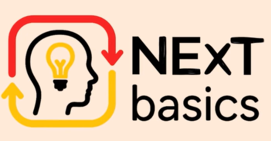 Logo der Lernreihe NExTbasics; es zeigt einen Kopfumriss in Seitenansicht, in dem Kopf eine Glühbirne, um den Kopf kreisen und treffen sich ein roter und ein gelber Pfeil.
