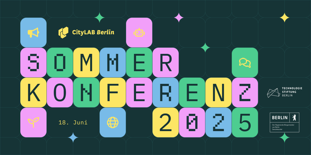 Grafik zur Sommerkonferenz 2025 des CityLAB Berlin am 18. Juni, gestaltet in bunten Blöcken mit Icons und Logos der Technologiestiftung Berlin und des Landes Berlin.