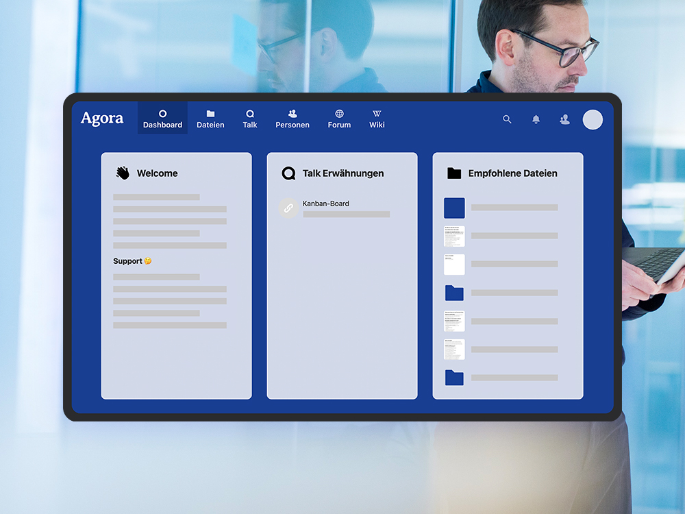 A mock-up of the home page of the Agora collaboration platform; the DigitalService office can be seen in the background as a visual style element