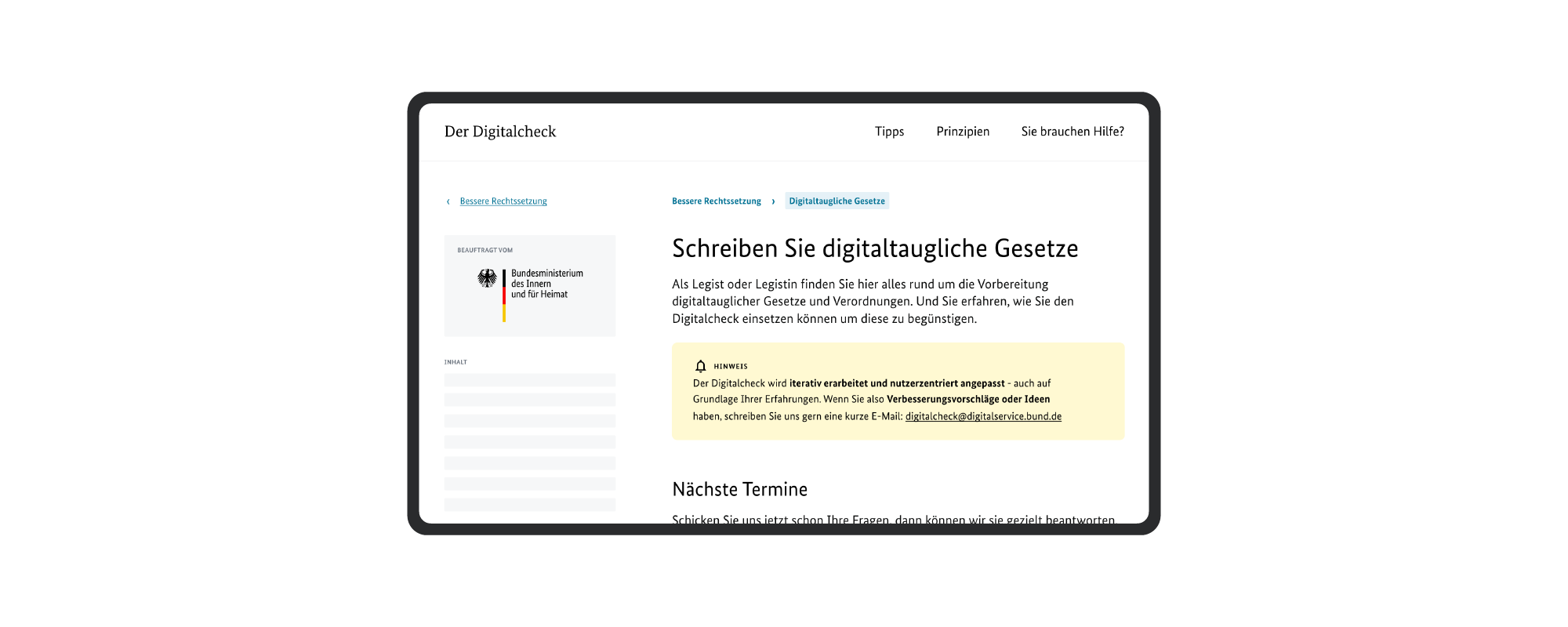 Eine Informationsseite auf einem Tablet für Legist:innen zeigt den Aufruf „Schreiben Sie digitaltaugliche Gesetze“