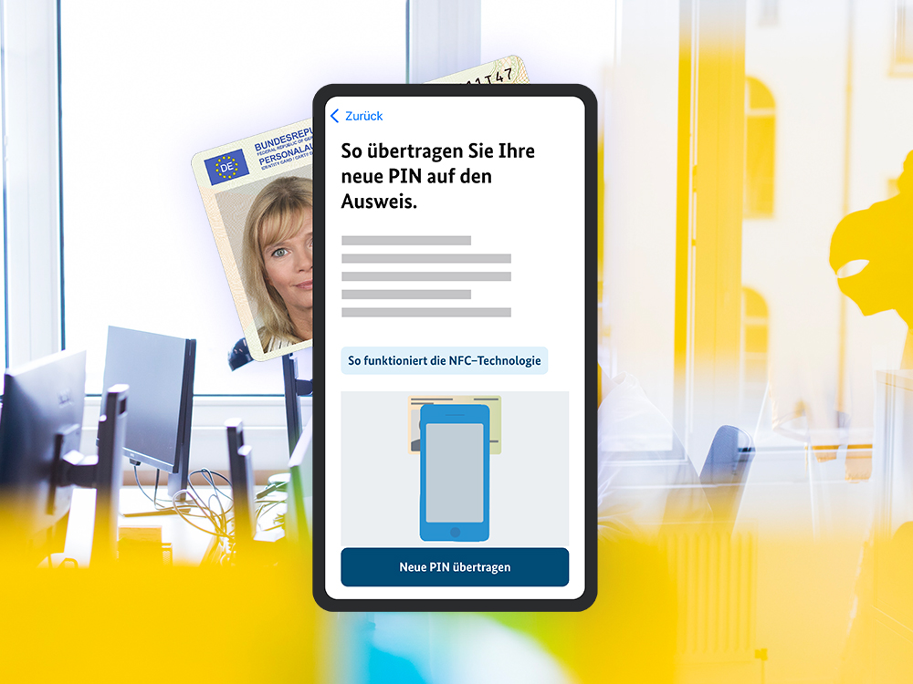 A mock-up of the BundesIdent app on a smartphone including an ID card; the DigitalService office can be seen in the background as a visual style element