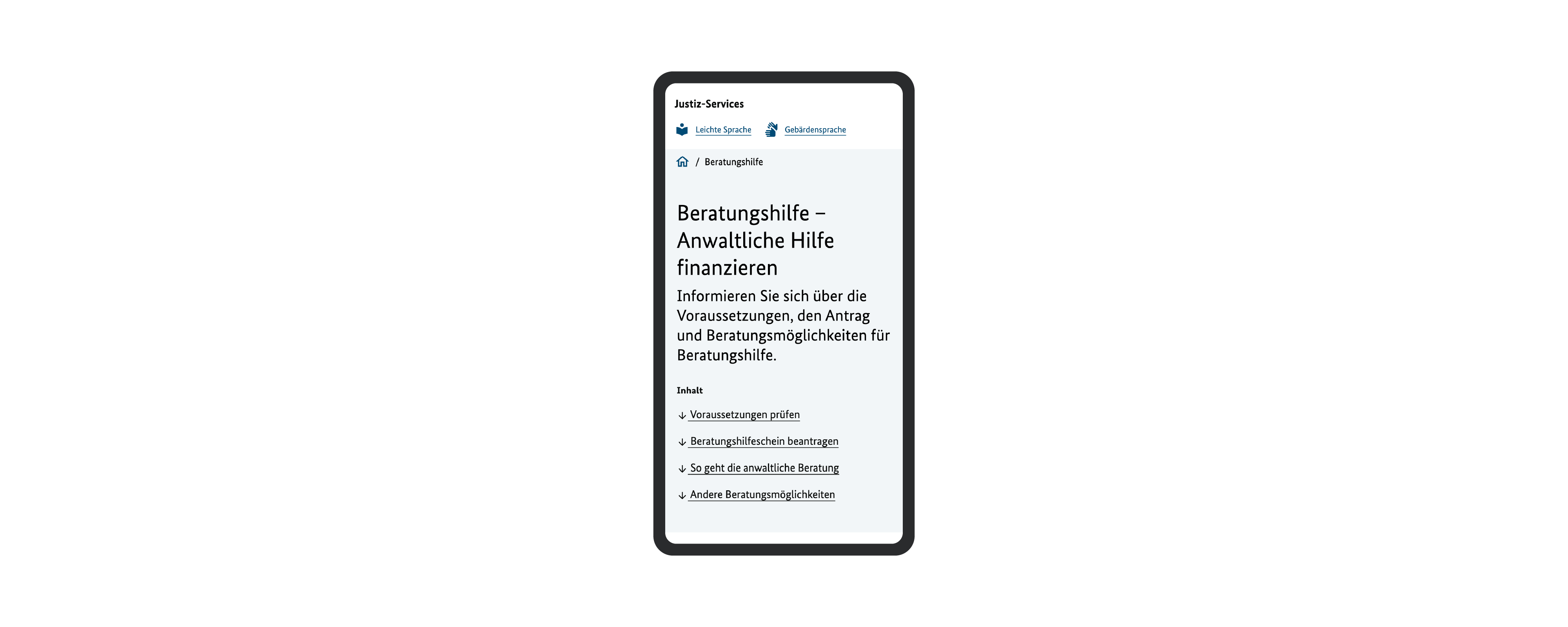 Die Grafik zeigt eine Webseite von service.justiz.de mit dem Titel 