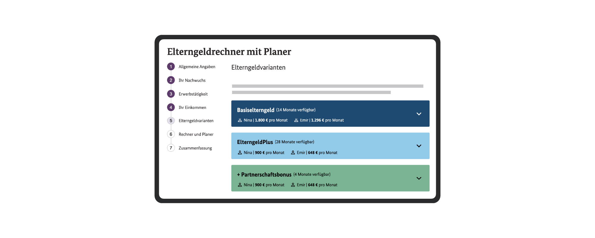 Screen view “Parental allowance calculator with planner”. Three parental allowance variants are suggested: “Basic parental allowance”, “Parental allowance plus”, “+partnership bonus”