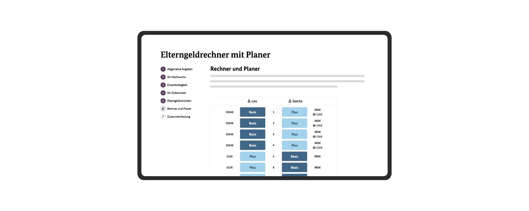 Screen-Ansicht Elterngeldrechner mit Planer