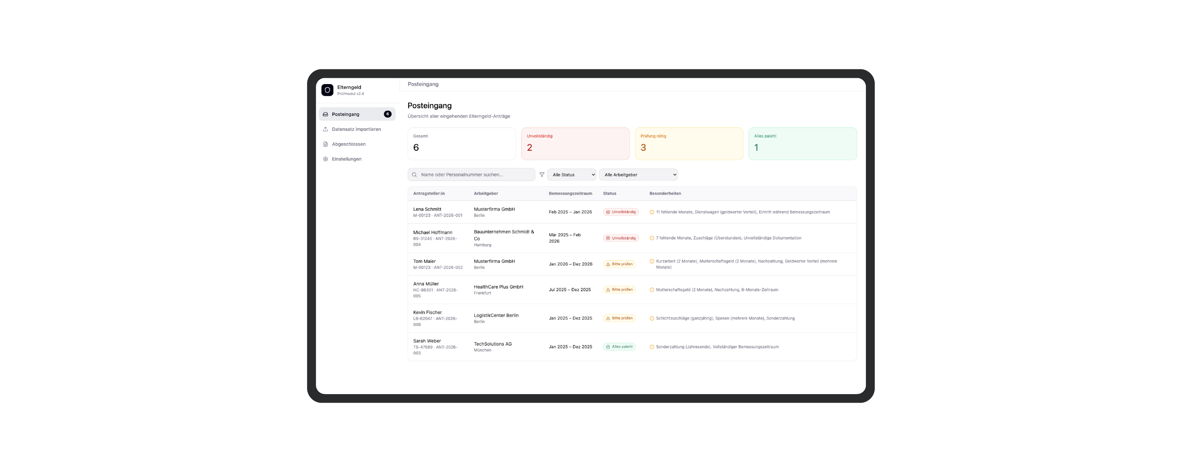 Mockup eines Dashboards „Posteingang“ für Elterngeld-Anträge mit Übersichtskarten (gesamt, unvollständig, Prüfung nötig, alles erledigt) und Tabelle mit Antragstellern, Status und Details.