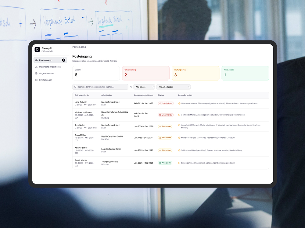 Mockup of an “Inbox” dashboard for parental leave applications, featuring overview cards and a table listing applicants, statuses, and details; the DigitalService office is visible in the background as a visual element