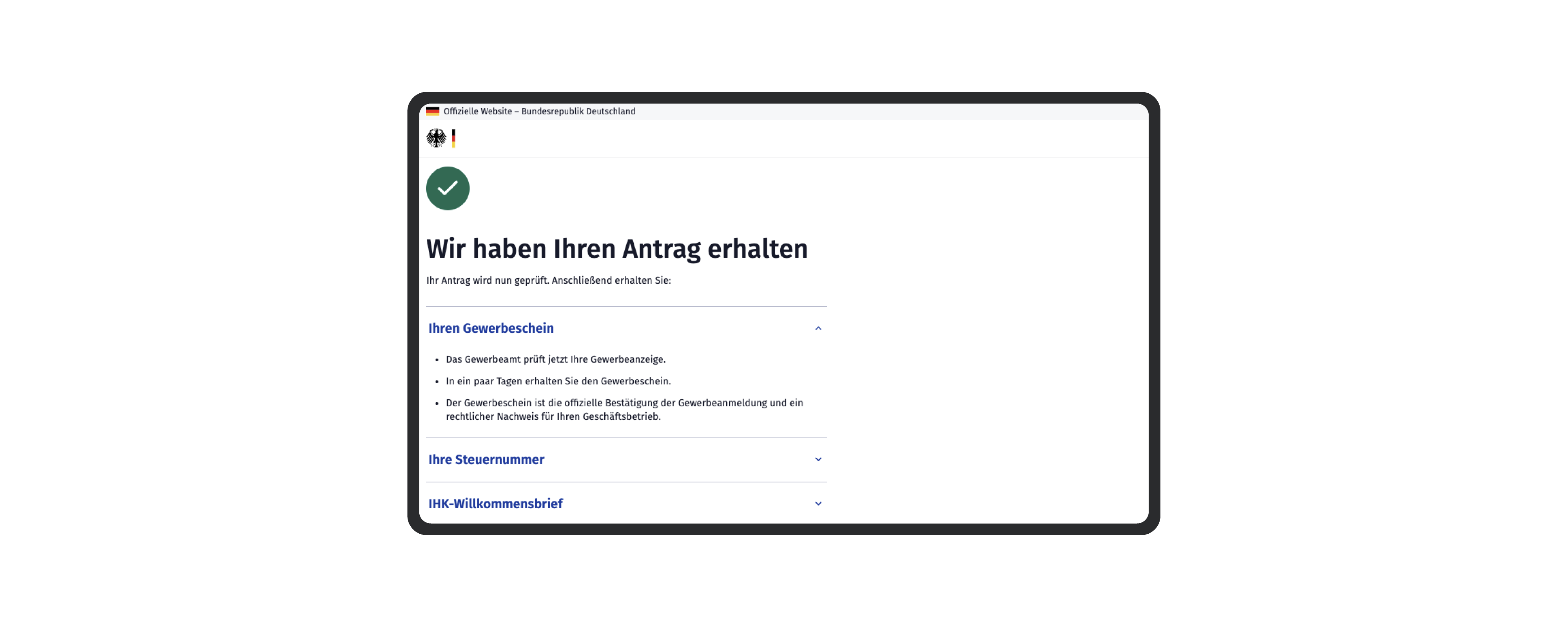 Mockup of an official German government website with confirmation stating, “We have received your application.” Information regarding business licenses, tax numbers, and welcome letters from the Chamber of Industry and Commerce is listed.