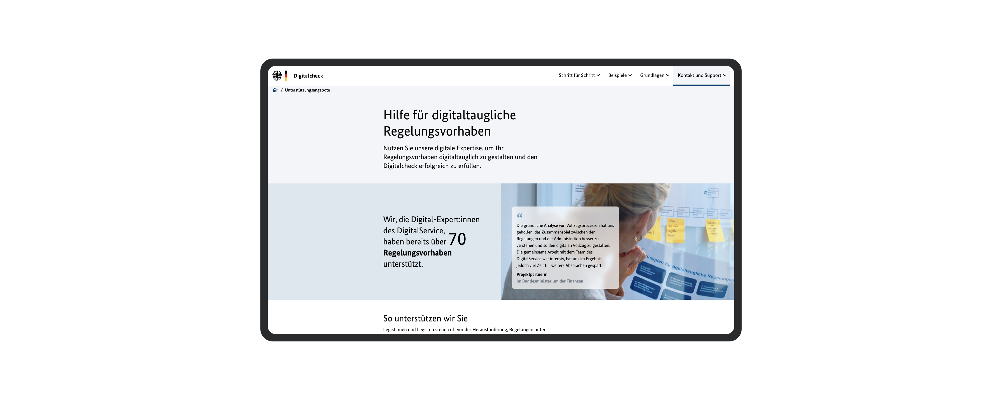 An information page on a tablet for policy drafters shows the support offer “Help for digital-ready regulatory projects”
