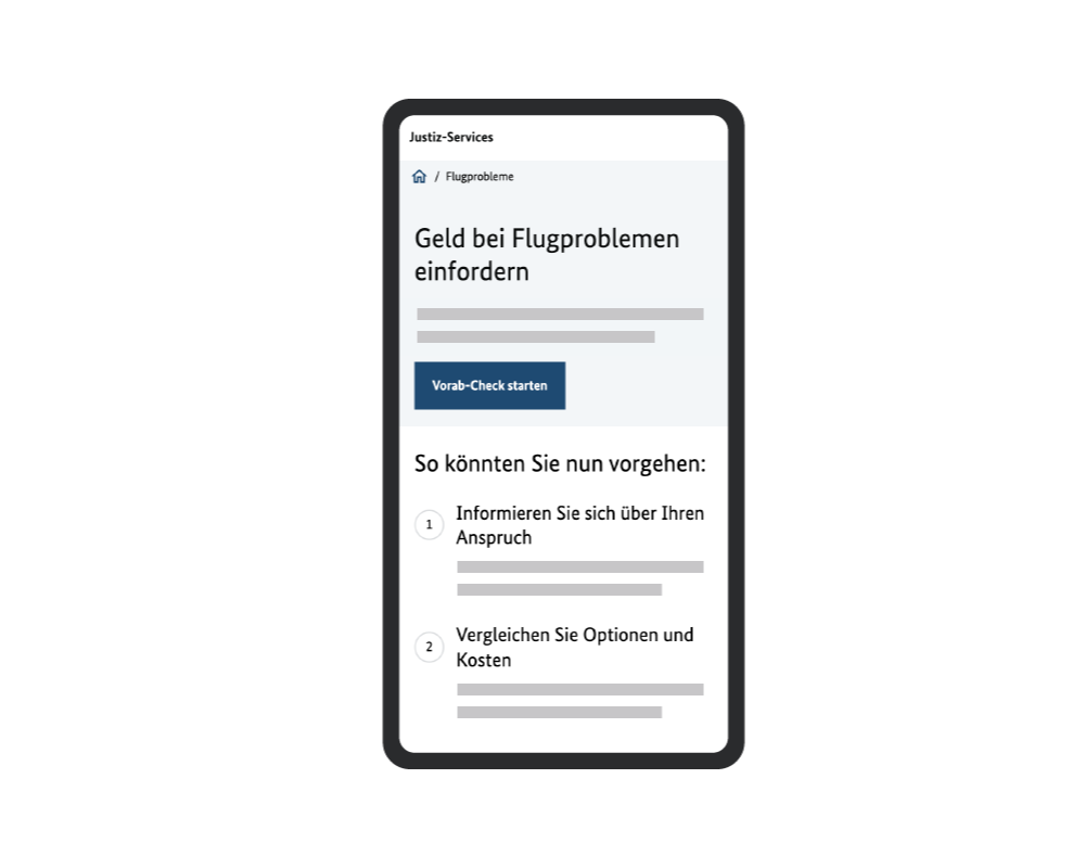 Ein Mock-Up für ein zivilgerichtliches Online-Verfahren auf einem Smartphone zeigt den Bereich „Geld bei Flugproblemen einfordern“.