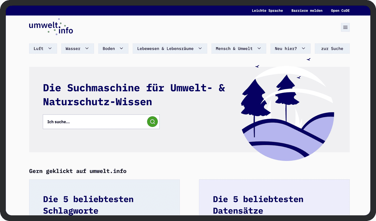 umwelt-info Suchseite mit Suchfeld, Menüleiste und Illustration von zwei Bäumen auf Hügeln.