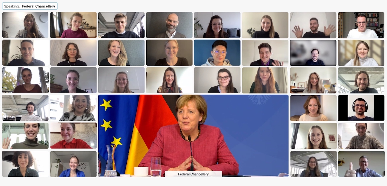 Screenshot vom Online-Meeting mit der Bundeskanzlerin Dr. Angela Merkel beim DigitalService.