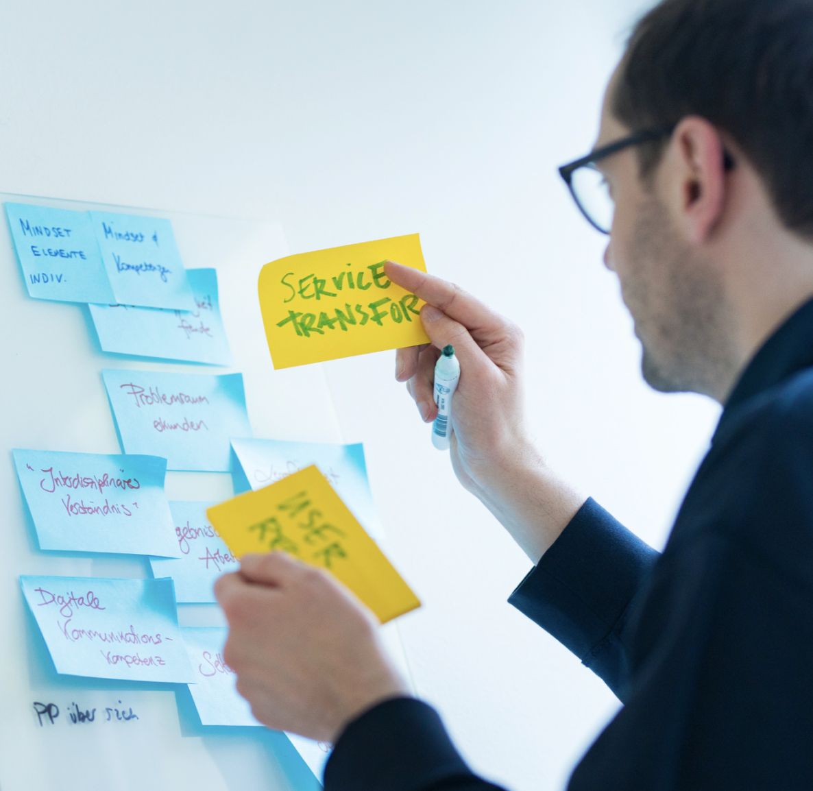 Person sticks a Post-It on a whiteboard